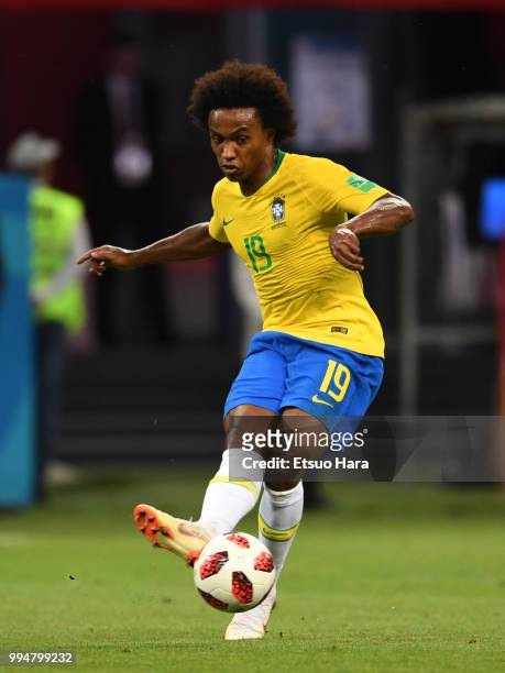 Willian of Brazil in action during the 2018 FIFA World Cup Russia Quarter Final match between Brazil and Belgium at Kazan Arena on July 6, 2018 in...