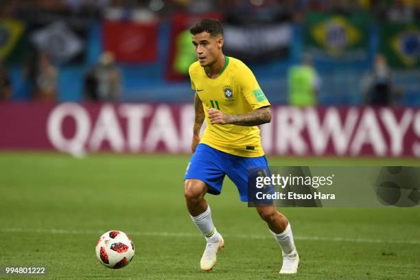 Philippe Coutinho of Brazil in action during the 2018 FIFA World Cup Russia Quarter Final match between Brazil and Belgium at Kazan Arena on July 6,...