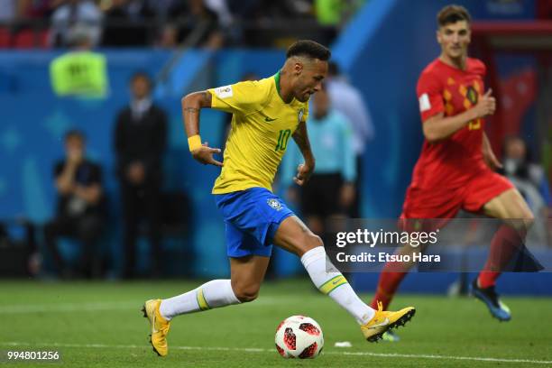 Neymar Jr of Brazil in action during the 2018 FIFA World Cup Russia Quarter Final match between Brazil and Belgium at Kazan Arena on July 6, 2018 in...