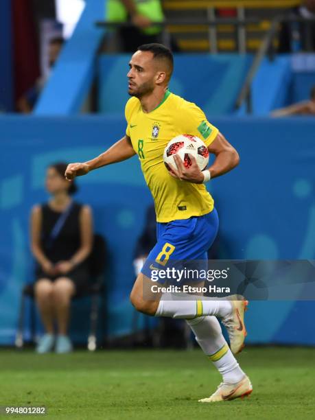 Renato Augusto of Brazil celebrates scoring his side's first goal during the 2018 FIFA World Cup Russia Quarter Final match between Brazil and...