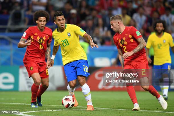 Roberto Firmino of Brazil controls the ball during the 2018 FIFA World Cup Russia Quarter Final match between Brazil and Belgium at Kazan Arena on...