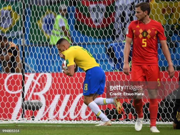 Renato Augusto of Brazil celebrates scoring his side's first goal during the 2018 FIFA World Cup Russia Quarter Final match between Brazil and...