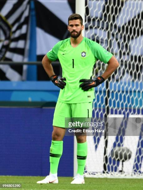 Alisson of Brazil looks dejected after Fernandinho of Brazil scored an own goal to make it 0-1 during the 2018 FIFA World Cup Russia Quarter Final...