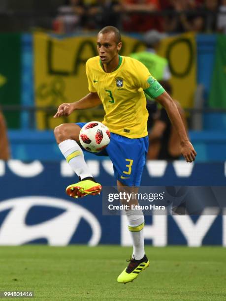 Miranda of Brazil in action during the 2018 FIFA World Cup Russia Quarter Final match between Brazil and Belgium at Kazan Arena on July 6, 2018 in...