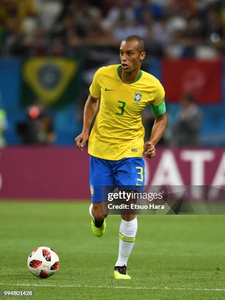 Miranda of Brazil in action during the 2018 FIFA World Cup Russia Quarter Final match between Brazil and Belgium at Kazan Arena on July 6, 2018 in...