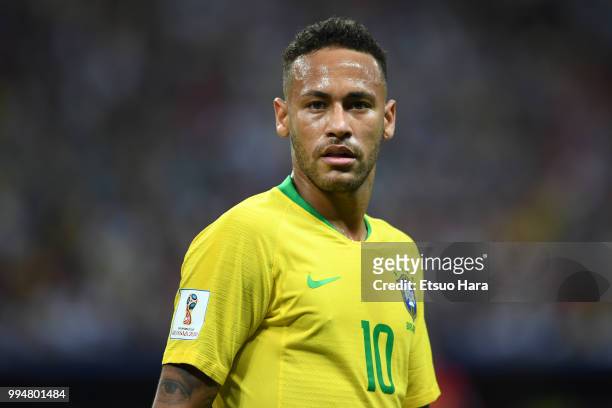 Neymar Jr of Brazil looks on during the 2018 FIFA World Cup Russia Quarter Final match between Brazil and Belgium at Kazan Arena on July 6, 2018 in...
