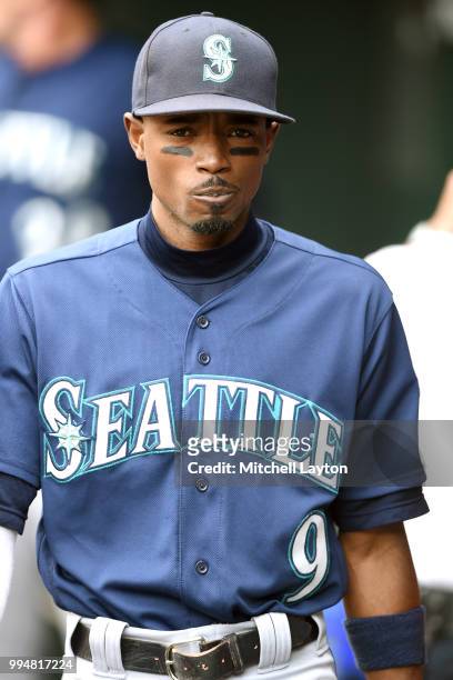 Dee Gordon of the Seattle Mariners looks on before a baseball game against the Baltimore Orioles at Oriole Park at Camden Yards on June 28, 2018 in...