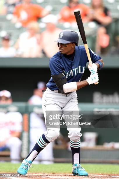 Dee Gordon of the Seattle Mariners takes a swing during a baseball game against the Baltimore Orioles at Oriole Park at Camden Yards on June 28, 2018...