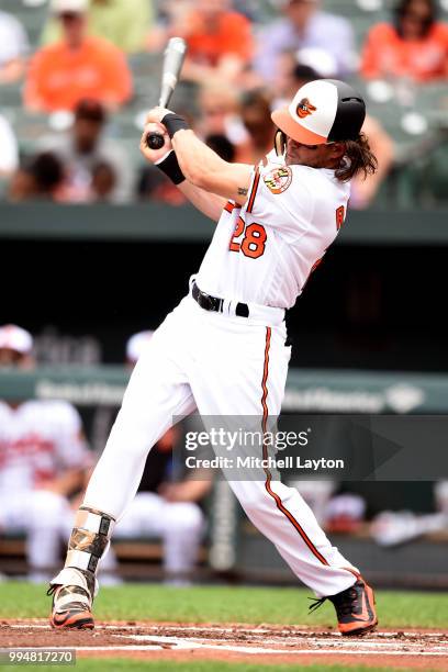 Colby Rasmus of the Baltimore Orioles takes a swing during a baseball game against the Seattle Mariners at Oriole Park at Camden Yards on June 28,...