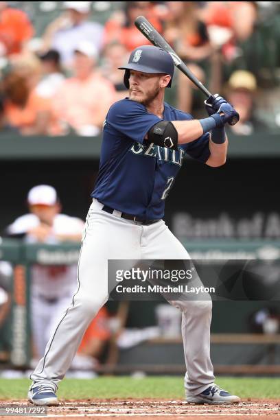 Chris Herrmann of the Seattle Mariners prepares for a pitch during a baseball game against the Baltimore Orioles at Oriole Park at Camden Yards on...