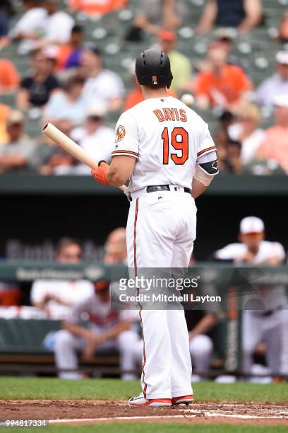 Chris Davis of the Baltimore Orioles looks on during a baseball game against the Seattle Mariners at Oriole Park at Camden Yards on June 28, 2018 in...