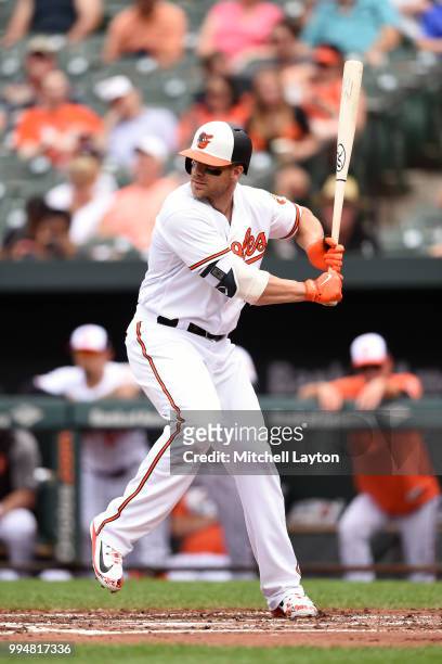 Chris Davis of the Baltimore Orioles prepares for a pitch during a baseball game against the Seattle Mariners at Oriole Park at Camden Yards on June...