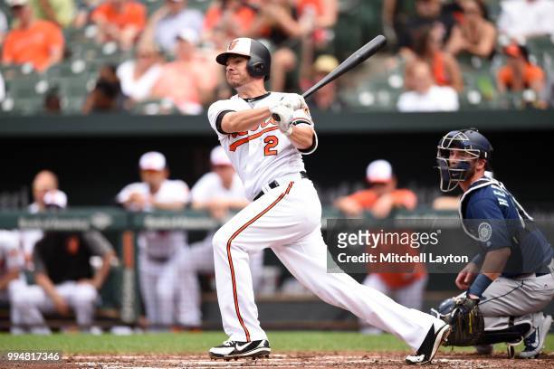 Danny Valencia of the Baltimore Orioles takes a swing during a baseball game against the Seattle Mariners at Oriole Park at Camden Yards on June 28,...