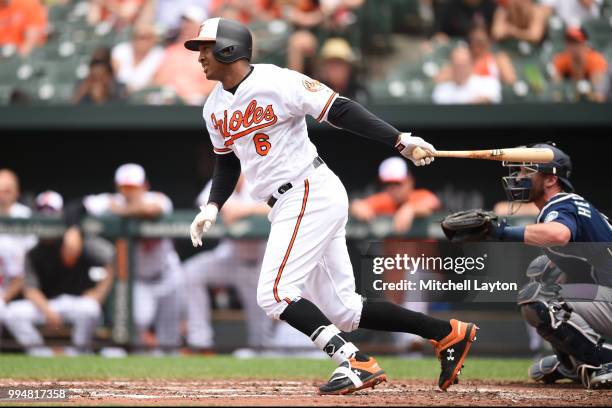 Jonathan Schoop of the Baltimore Orioles takes a swing during a baseball game against the Seattle Mariners at Oriole Park at Camden Yards on June 28,...