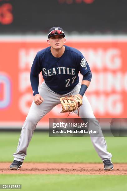 Ryon Healy of the Seattle Mariners in position during a baseball game against the Baltimore Orioles at Oriole Park at Camden Yards on June 28, 2018...