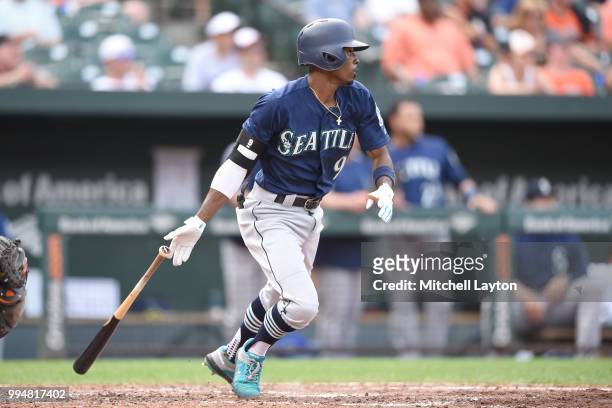 Dee Gordon of the Seattle Mariners takes a swing during a baseball game against the Baltimore Orioles at Oriole Park at Camden Yards on June 28, 2018...