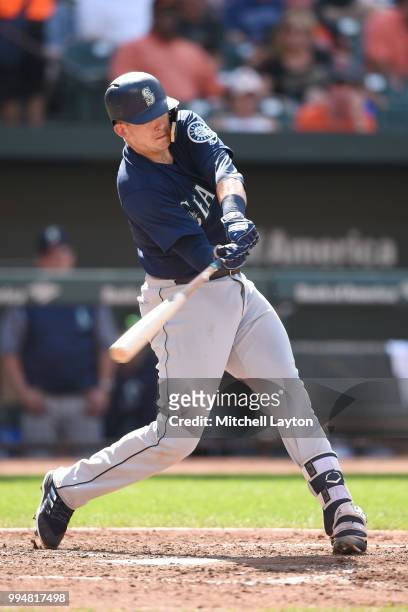Ryon Healy of the Seattle Mariners takes a swing during a baseball game against the Baltimore Orioles at Oriole Park at Camden Yards on June 28, 2018...