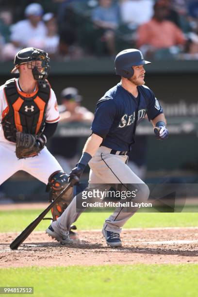 Chris Herrmann of the Seattle Mariners takes a swing during a baseball game against the Baltimore Orioles at Oriole Park at Camden Yards on June 28,...