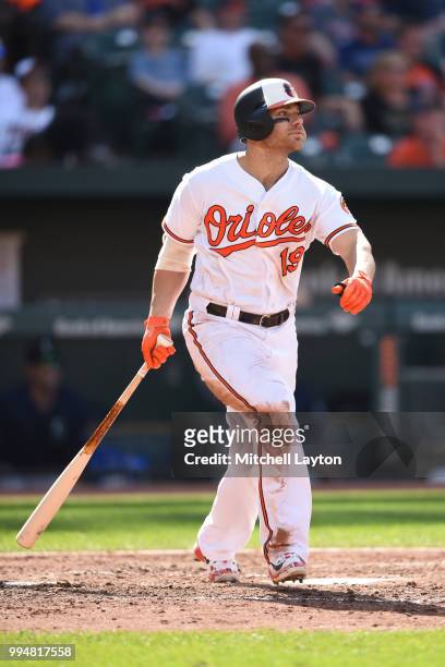 Chris Davis of the Baltimore Orioles takes a swing during a baseball game against the Seattle Mariners at Oriole Park at Camden Yards on June 28,...