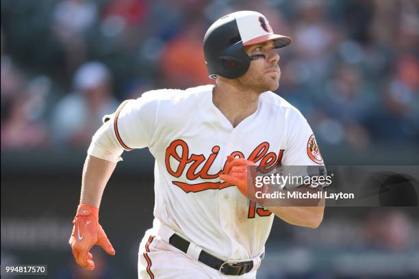 Chris Davis of the Baltimore Orioles runs to first base during a baseball game against the Seattle Mariners at Oriole Park at Camden Yards on June...