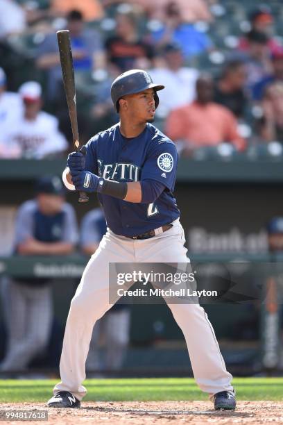 Jean Segura of the Seattle Mariners prepares for a pitch during a baseball game against the Baltimore Orioles at Oriole Park at Camden Yards on June...