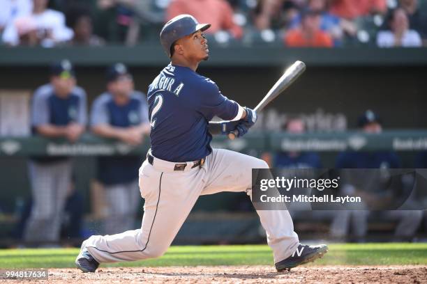 Jean Segura of the Seattle Mariners takes a swing during a baseball game against the Baltimore Orioles at Oriole Park at Camden Yards on June 28,...