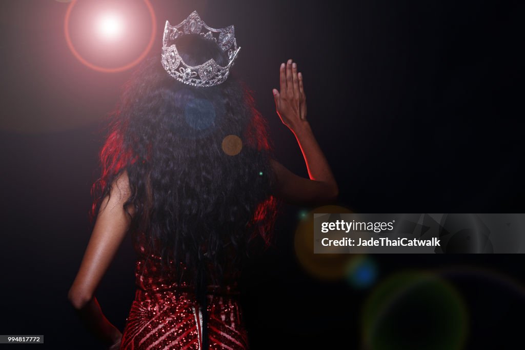 Miss Pageant Contest in Evening Ball Gown long ball dress with Diamond Crown, fashion make up hair style