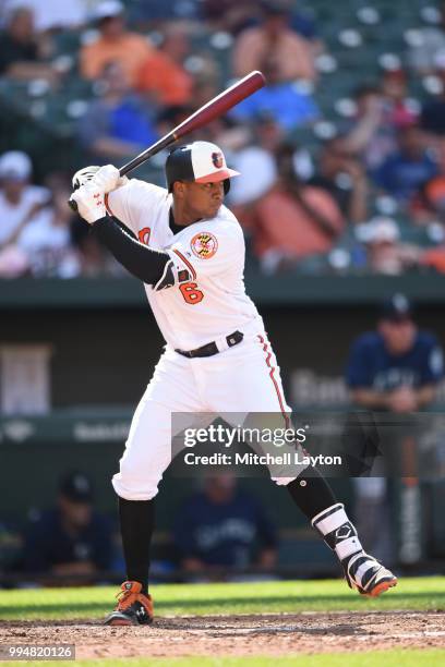 Jonathan Schoop of the Baltimore Orioles prepares for a pitch during a baseball game against the Seattle Mariners at Oriole Park at Camden Yards on...