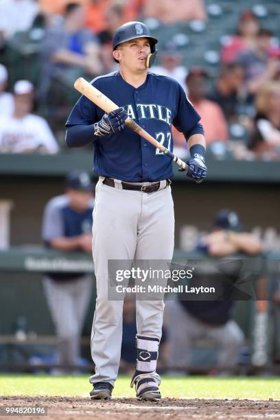 Ryon Healy of the Seattle Mariners looks on during a baseball game against the Baltimore Orioles at Oriole Park at Camden Yards on June 28, 2018 in...