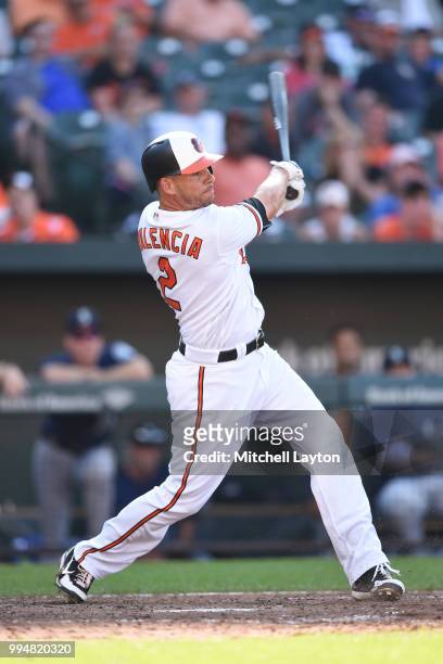 Danny Valencia of the Baltimore Orioles takes a swing during a baseball game against the Seattle Mariners at Oriole Park at Camden Yards on June 28,...