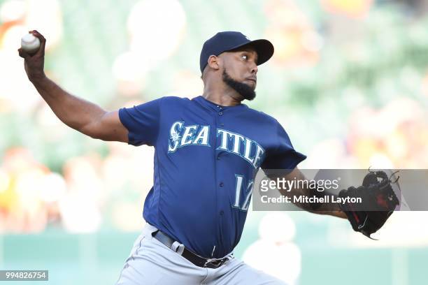 Juan Nicasio of the Seattle Mariners pitches during a baseball game against the Baltimore Orioles at Oriole Park at Camden Yards on June 28, 2018 in...