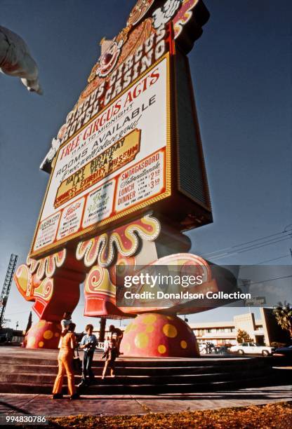 View of the sign outside Circus Circus in October 1977 in Las vegas, Nevada.