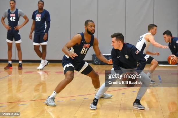 Aaron Harrison of Team USA plays defense during practice on June 24, 2018 at the University of Houston in Houston, Texas. NOTE TO USER: User...