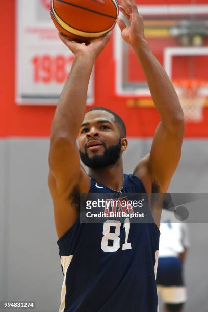 Aaron Harrison of Team USA shoots the ball during practice on June 24, 2018 at the University of Houston in Houston, Texas. NOTE TO USER: User...