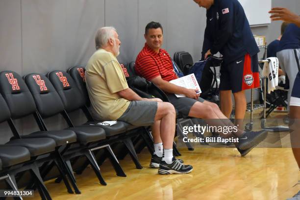 Gregg Popovich speaks to Sean Miller during practice on June 24, 2018 at the University of Houston in Houston, Texas. NOTE TO USER: User expressly...