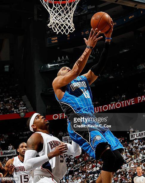 Vince Carter of the Orlando Magic and Josh Smith of the Atlanta Hawks during Game Three of the Eastern Conference Semifinals during the 2010 NBA...