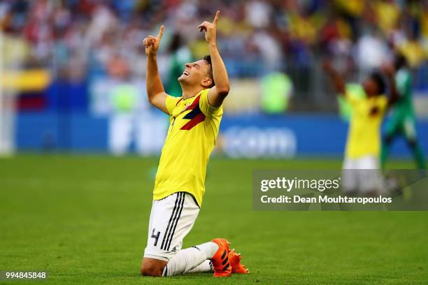 Santiago Arias of Colombia celebrates victory after winning the 2018 FIFA World Cup Russia group H match between Senegal and Colombia at Samara Arena...