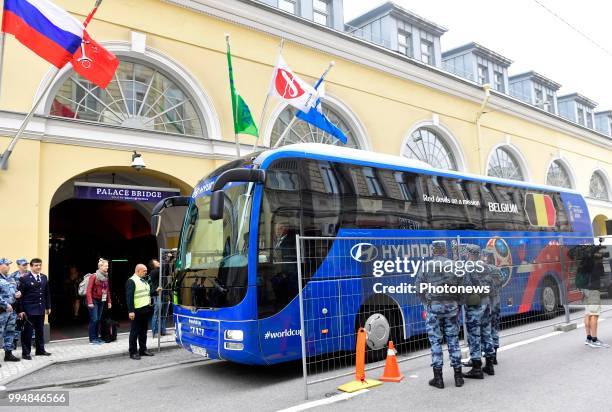 Red Devils' bus pictured during the arrival of the National Soccer Team of Belgium prior to the FIFA 2018 World Cup Russia Semi-Final match between...