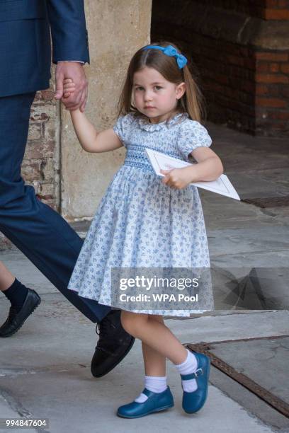 Princess Charlotte of Cambridge leaves after Prince Louis of Cambridge's christening at the Chapel Royal, St James's Palace, London on July 09, 2018...