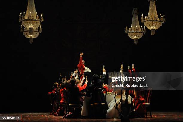 Bryn Terfel as Sir John Falstaff with artists of the company in the Royal Opera's production of Giuseppe Verdi's Falstaff directed by Robert Carsen...