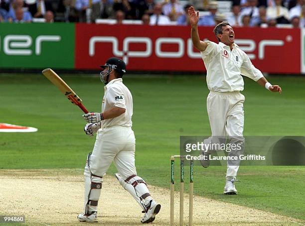 Andrew Caddick of England celebrates the wicket of Michael Slater of Australia during the second day of the Second Npower Test between Engalnd and...