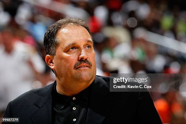 Head coach Stan Van Gundy of the Orlando Magic against the Atlanta Hawks during Game Three of the Eastern Conference Semifinals during the 2010 NBA...