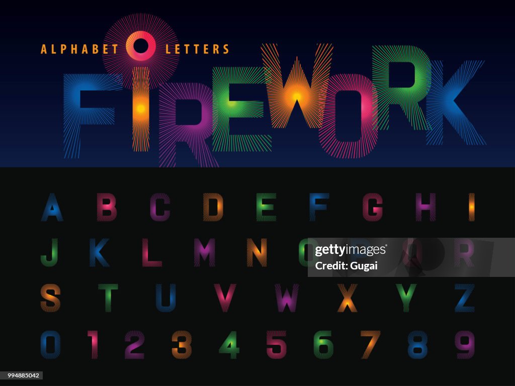 Firework July Lettering Vector Of Firework Alphabet Letters And Numbers Modern Colorful Line ...