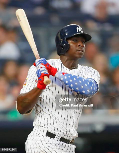 Didi Gregorius of the New York Yankees bats in an interleague MLB baseball game against the Atlanta Braves on July 3, 2018 at Yankee Stadium in the...