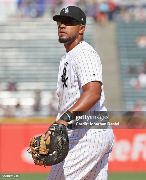 Jose Abreu of the Chicago White Sox mans his position at first base against the Minnesota Twins at Guaranteed Rate Field on June 28, 2018 in Chicago,...