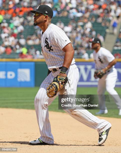 Jose Abreu of the Chicago White Sox mans his position at first base against the Minnesota Twins at Guaranteed Rate Field on June 28, 2018 in Chicago,...