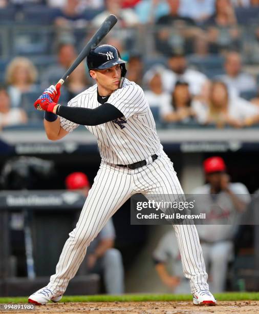 Brandon Drury of the New York Yankees bats in an interleague MLB baseball game against the Atlanta Braves on July 3, 2018 at Yankee Stadium in the...