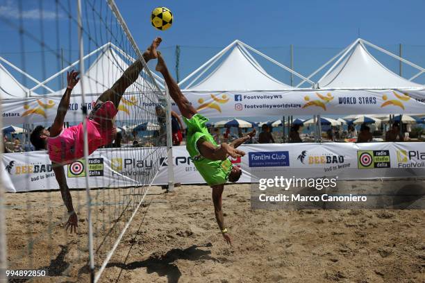 Joathan Morais Jota Parana and Anderson Aguia in action during Footvolley World Stars 2018.