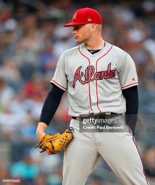 Pitcher Sean Newcomb of the Atlanta Braves gets ready to pitch in an interleague MLB baseball game against the New York Yankees on July 3, 2018 at...