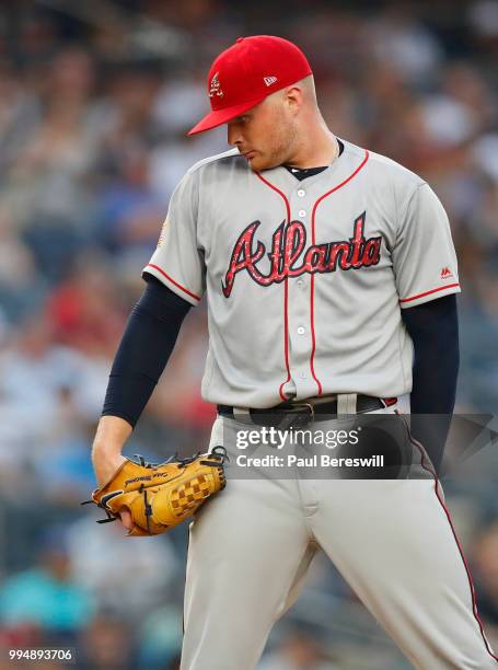 Pitcher Sean Newcomb of the Atlanta Braves gets ready to pitch in an interleague MLB baseball game against the New York Yankees on July 3, 2018 at...